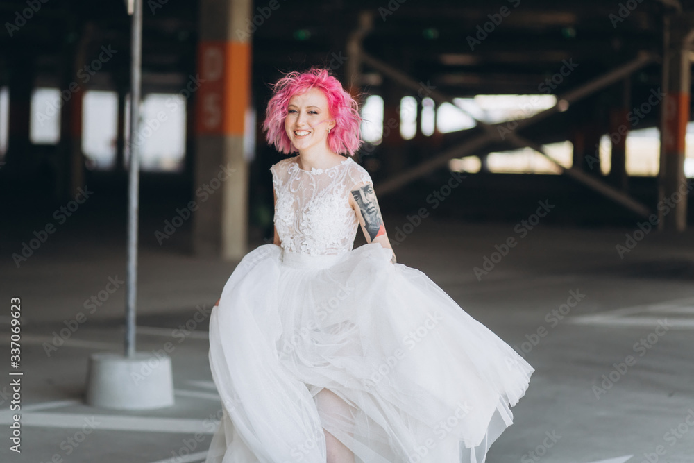 Woman in wedding dress pink hair make up face outdoors beauty attractive girl 
