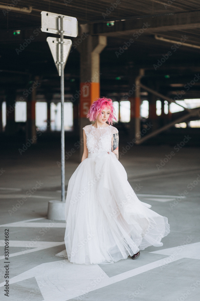 Woman in wedding dress pink hair make up face outdoors beauty attractive girl 