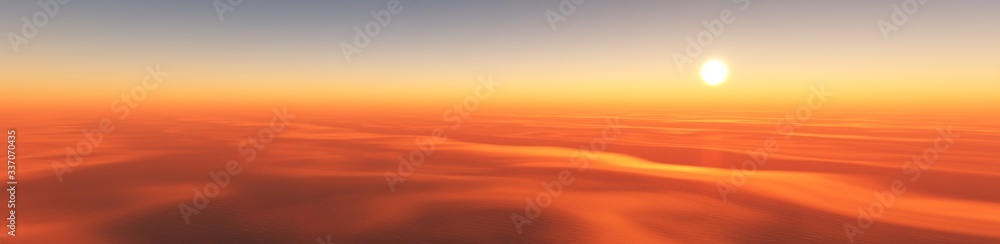 Sunset over the clouds, the sun over the clouds, panorama of the clouds, 3D rendering