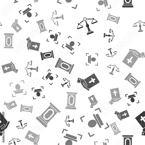 Set Scales of justice, Face recognition, Oath on the Holy Bible and Stage stand or debate podium rostrum on seamless pattern. Vector