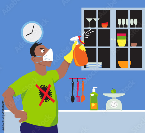 Person wearing an anti viral printed tee shirt and face mask spraying interior of a house with disinfectant, killing germs, EPS 8 vector illustration