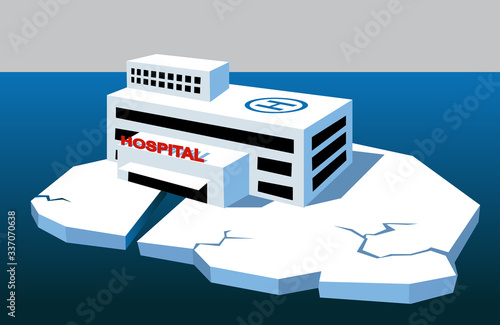 Hospital building standing over a crack in an ice floe as a metaphor for health care crisis, EPS 8 vector illustration