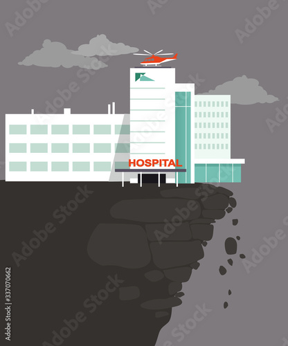Hospital building standing over a cliff edge as a metaphor for health care crisis, EPS 8 vector illustration