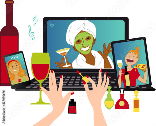 Girls night in on-line, hostess doing manicure, guests drink and do makeover over video chat on multiple devices, EPS 8 vector illustration