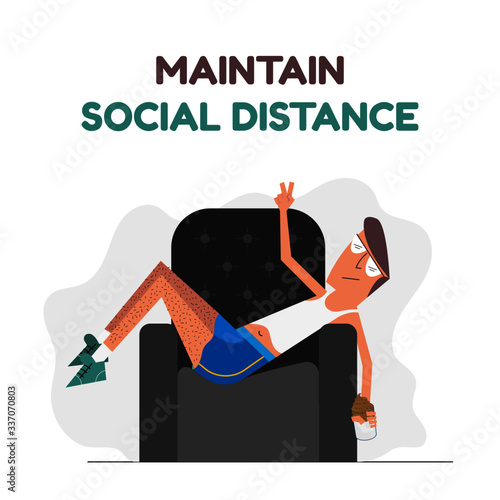 Social Distancing illustration. Physical Distancing design. Vector illustration of a guy holding dalgona coffee. A person on the couch. Couch, guy, coffee