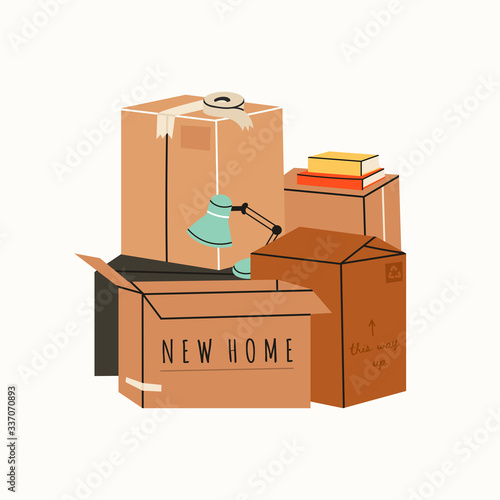 Moving in or out concept. Stack of cardboard boxes with various things from house, books, lamp. Hand drawn colored Vector isolated illustration. Cartoon style, trendy design