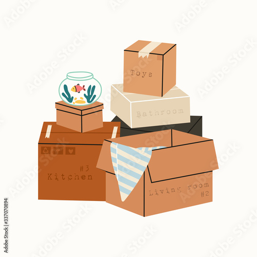 Moving in or out concept. Stack of cardboard boxes with various things from house, gold fish aquarium. Hand drawn colored Vector isolated illustration. Cartoon style, trendy design
