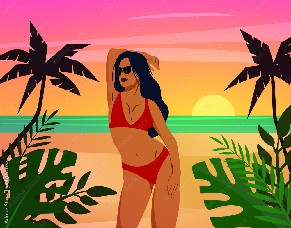 Woman at the beach posing in a red bikini. Concept for tourism agencies, swimwear shops. Vector fashion illustration