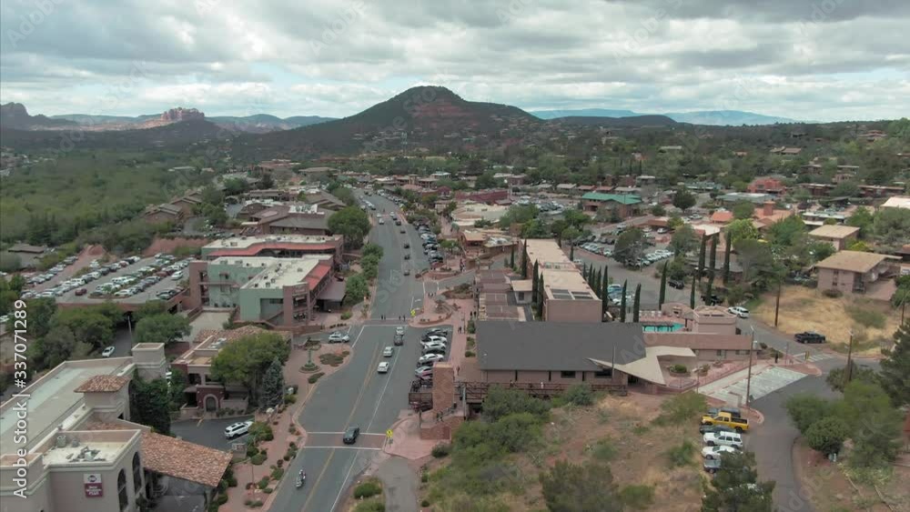 Aerial:traffic in the town center of Sedona, Arizona, USA. 15 April 2018 Aerial:traffic in the town center of Sedona, Arizona, USA. 15 April 2018