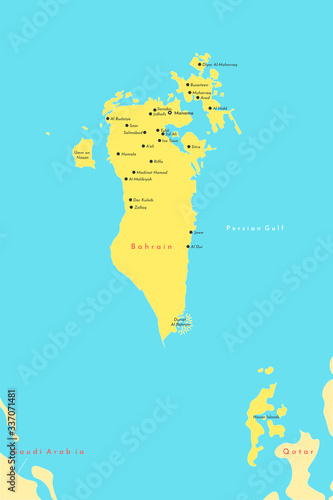 Vector modern illustration. Simplified map of Bahrain in blue Persian Gulf. Names of big bahraini cities.