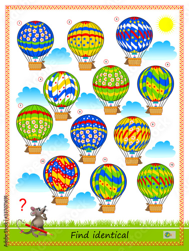 Logic puzzle game for children and adults. Find two identical air balloons. Printable page for kids brain teaser book. Developing spatial thinking skills. IQ training test. Flat vector cartoon image.