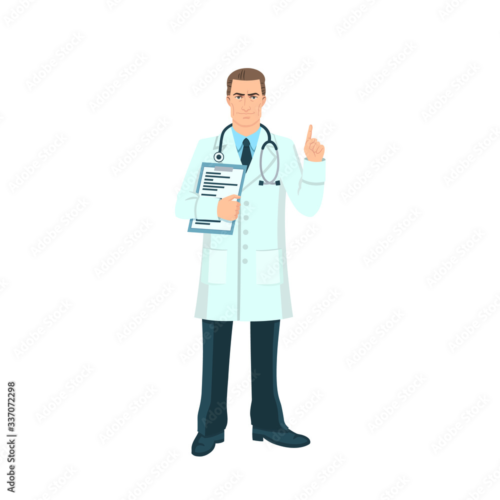 The serious doctor-man giving index finger and with folder. A middle-aged medic. Vector character on white background.
The serious doctor-man giving index finger and with folder. A middle-aged medic. Vector character on white background.