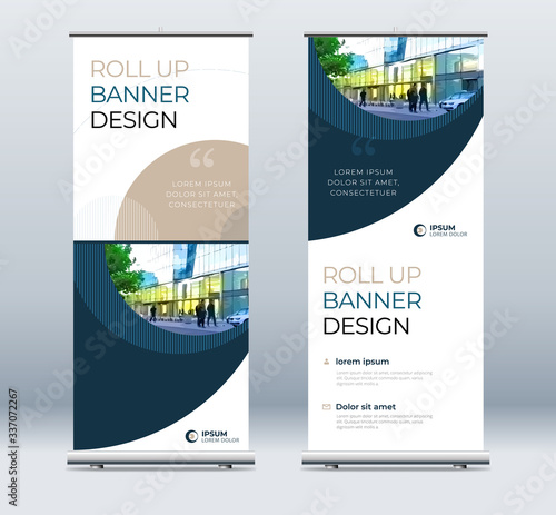 Roll Up banner stand presentation concept. Corporate business roll up template background. Vertical template billboard, banner stand or flag design layout. Poster for conference, forum, shop