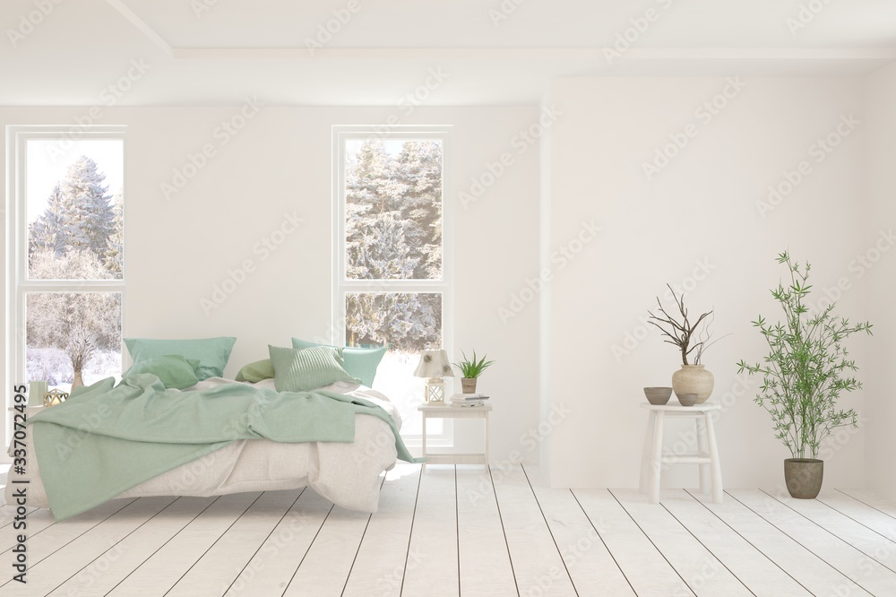 Stylish bedroom in white color with winter landscape in window. Scandinavian interior design. 3D illustration Stylish bedroom in white color with winter landscape in window. Scandinavian interior design. 3D illustration