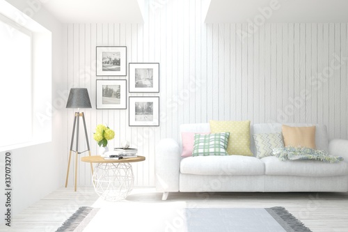 White living room with sofa, table and lamp. Scandinavian interior design. 3D illustration