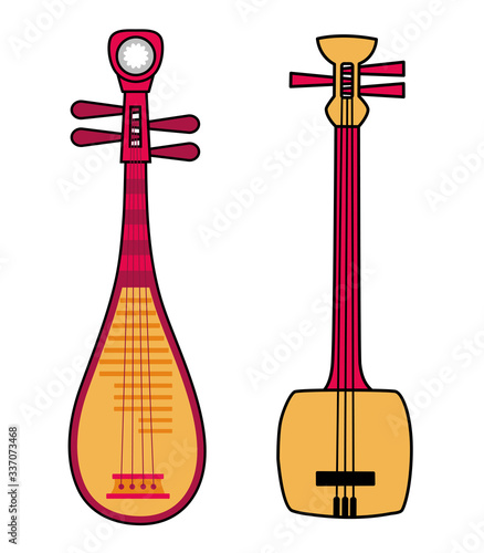 Shamisen and Biwa. Japanese national musical string instruments. Vector illustration.