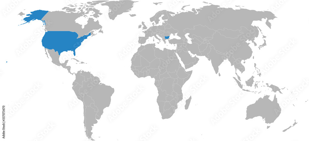bulgaria, USA map highlighted on world map. Light gray background. Business, diplomatic, travel, trade, transport relations.
