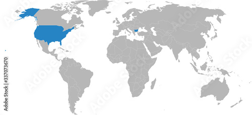 bulgaria, USA map highlighted on world map. Light gray background. Business, diplomatic, travel, trade, transport relations.