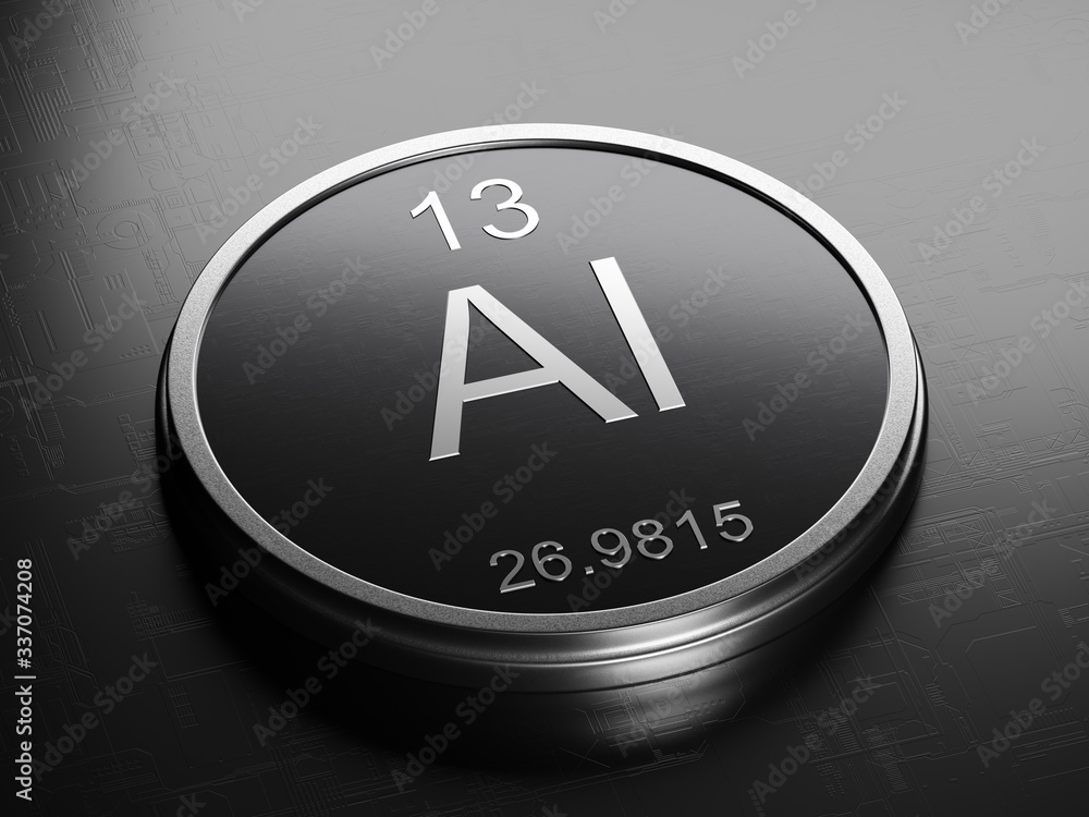 Aluminium element from periodic table on futuristic round shiny metallic icon 3D render Aluminium element from periodic table on futuristic round shiny metallic icon 3D render