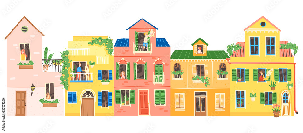 People are sitting at home in multi-colored buildings