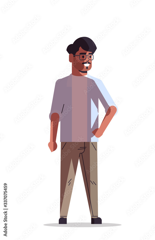 beautiful indian man wearing glasses smiling male cartoon character standing pose full length isolated vertical vector illustration