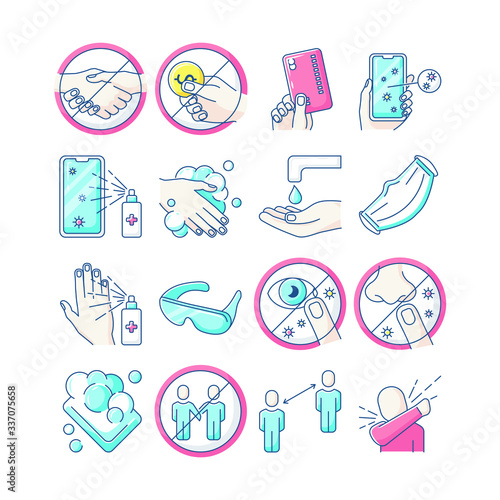 hygiene rules, danger of virus transmission, icons set line color