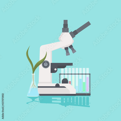 professional medical laboratory microscope plant growing in test tube scientific research equipment biology science education concept vector illustration