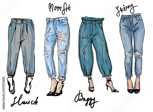 Vector sketch of jeans fashion fit. Trendy ashion illustration, fashion sketch.