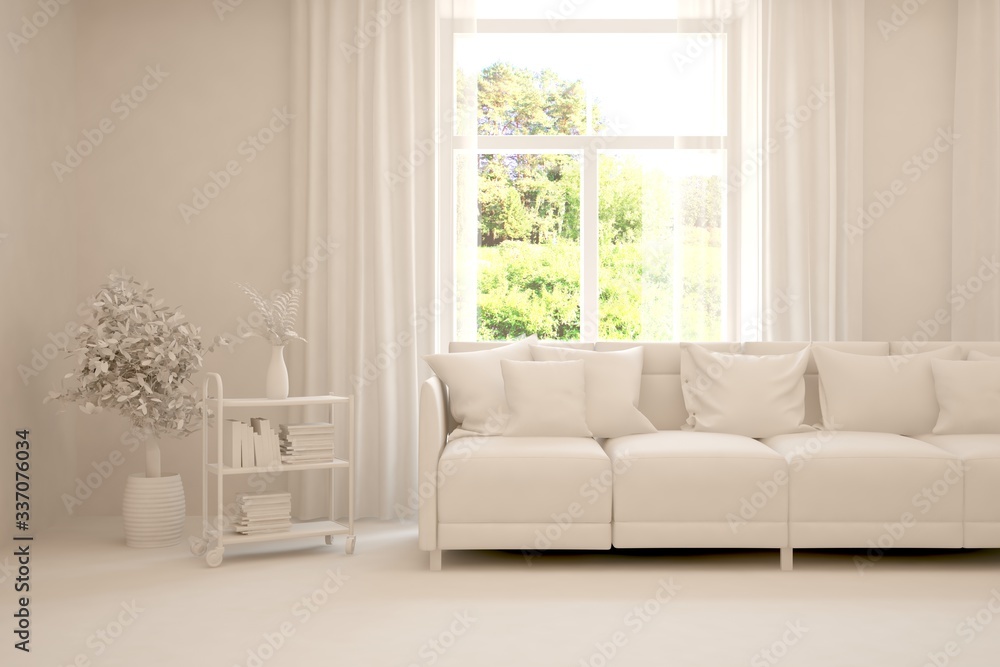 White living room with sofa and summer landscape in window. Scandinavian interior design. 3D illustration White living room with sofa and summer landscape in window. Scandinavian interior design. 3D illustration