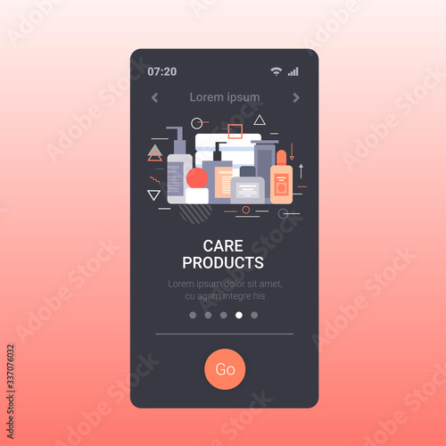 set cosmetic or perfume containers bottles facial beauty spa care products natural cosmetology packaging skin treatment concept smartphone screen online mobile app copy space vector illustration.