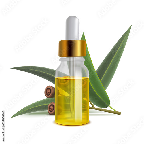 Eucalyptus Oil Bottle with Leaves in Realistic Style