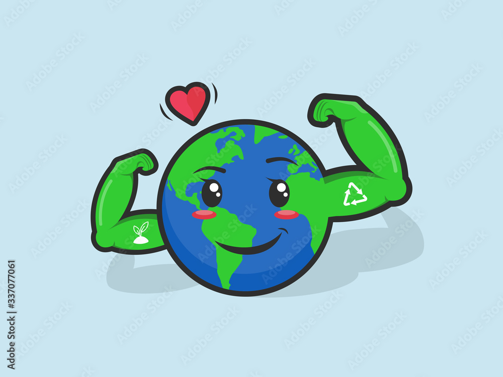 illustration of mother earth. show muscle with icon recycle and plants, this planet must be healthy and lovely place again. vector emoticon mascot character design for earth day 22 april.