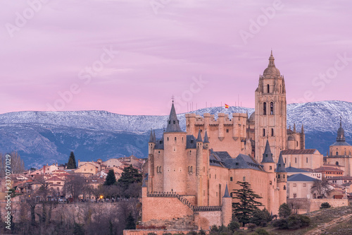 View of the beautiful city of Segovia, Castilla y León (Spain). Its famous Alcazar, Cathedral and Roman Aqueduct.