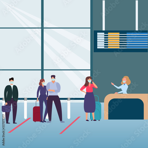 People staying in the line in the airport and keeping social distance during coronavirus pandemic. People in medical masks to be protected from coronavirus.