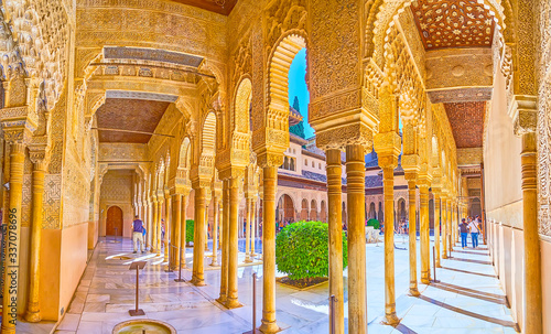 Panorama of Court of Lions arcade, Lions Palace, Alhambra, Granada, Spain