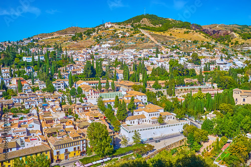 Aerial vie on Albaicin and Sacromonte districts of Granada, Spain