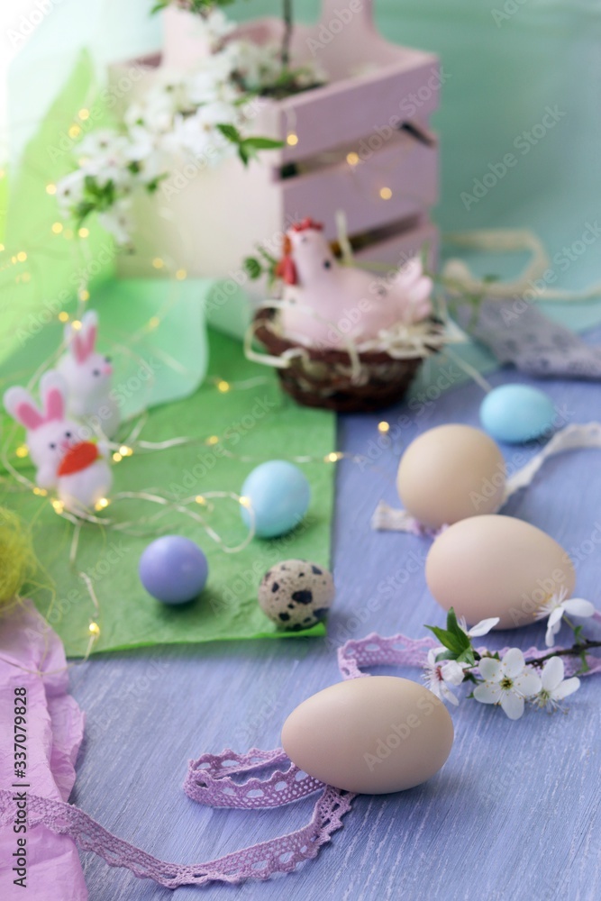 Happy Easter, colored eggs, toy chicken, twigs of blossoming cherry on the windowsill, spring, holiday decor Happy Easter, colored eggs, toy chicken, twigs of blossoming cherry on the windowsill, spring, holiday decor