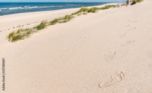 Footprints in sand on Sylt island. Walking on beach at North Sea