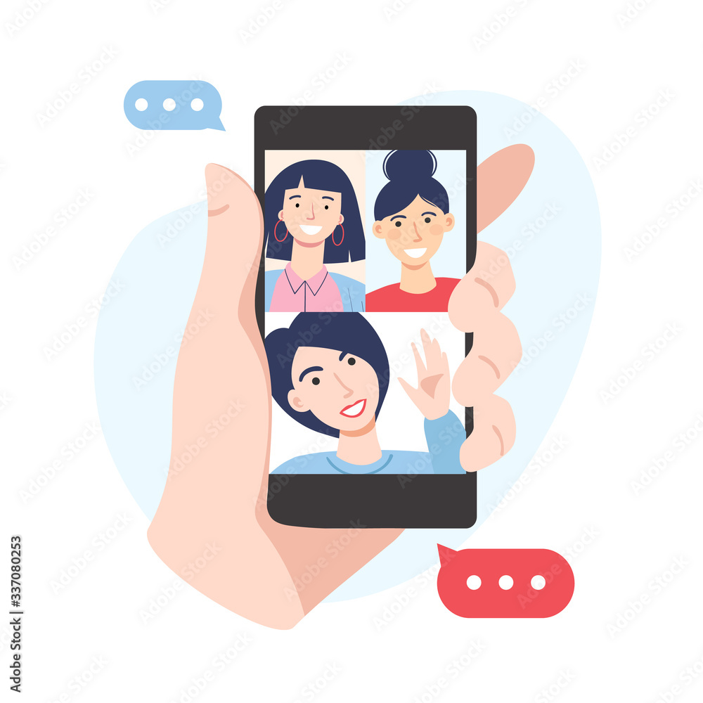 Premium Vector  Online friends support flat concept. two woman characters  holding hands, sharing sympathy, support and love to each other with remote  virtual video conference, phone call.