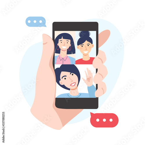 Video conference concept. Friends are having video call using the smartphone. Human hand hold device with people on screen. Vector flat cartoon illustration