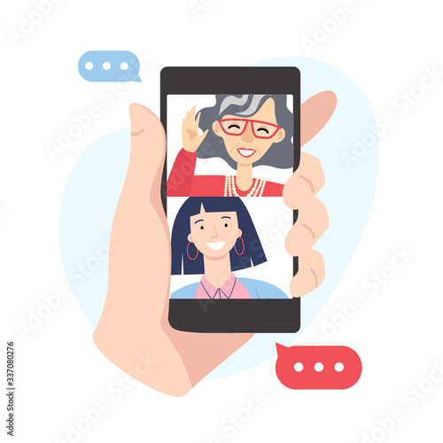 Video call concept. Family with grandmother and granddaughter are having video call using the smartphone. Human hand hold device with people on screen. vector flat cartoon illustration