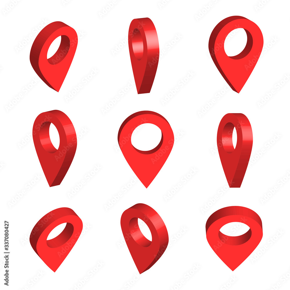 Fototapeta premium Isometric set of red pinpoints. Map pointer 3d pin. Location on a global map. Vector illustration isolated on white background. 