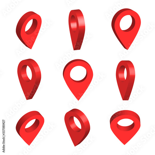 Isometric set of red pinpoints. Map pointer 3d pin. Location on a global map. Vector illustration isolated on white background. 