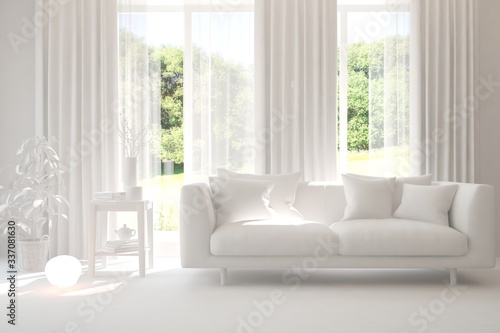 Mock up of stylish room in white color with sofa and green landscape in window. Scandinavian interior design. 3D illustration