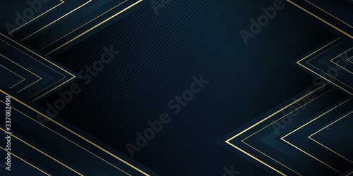 Black gold vector luxury tech background. Stack of black paper material layer with gold stripe. Arrow shape premium wallpaper with modern corporate concept