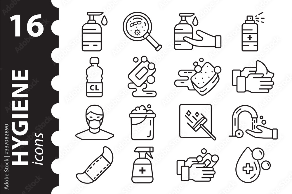 Fototapeta premium Set of Hygiene icons in a modern flat style. Simple vector illustration.