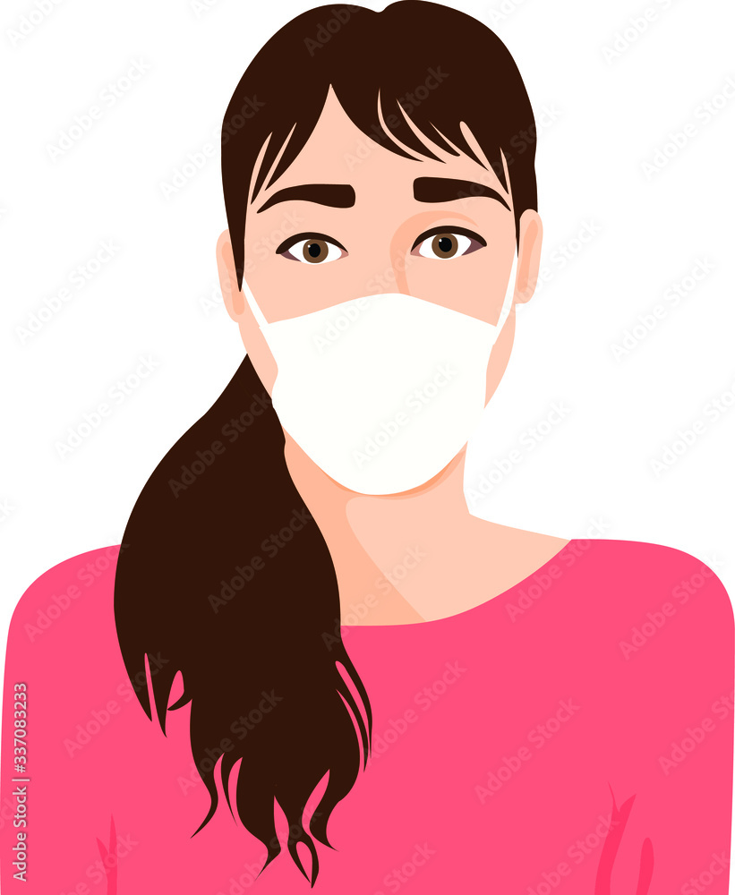 Beautiful Scared Young Woman wearing protective medical face mask, face only wide eyes, flat digital vector illustration