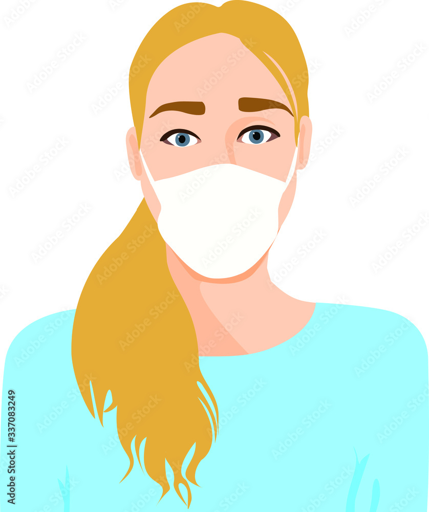 Beautiful Scared Young Woman wearing protective medical face mask, face only wide eyes, flat digital vector illustration
