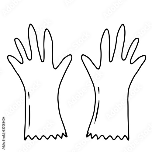 Hand drawn vector isolated gloves icon. Black outline illustration of garden latex gloves. Gardening tools. 
