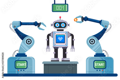 mechanized conveyor for assembly of the robot. Flat character vector illustration.